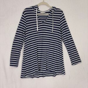 La Blanca Blue & White Striped Hooded Pullover Tunic Coverup Top Size Medium
